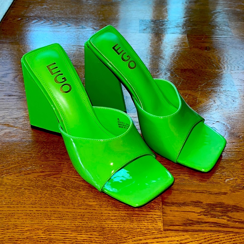 Square Peep Toe Block Heel Mule- Patent Green